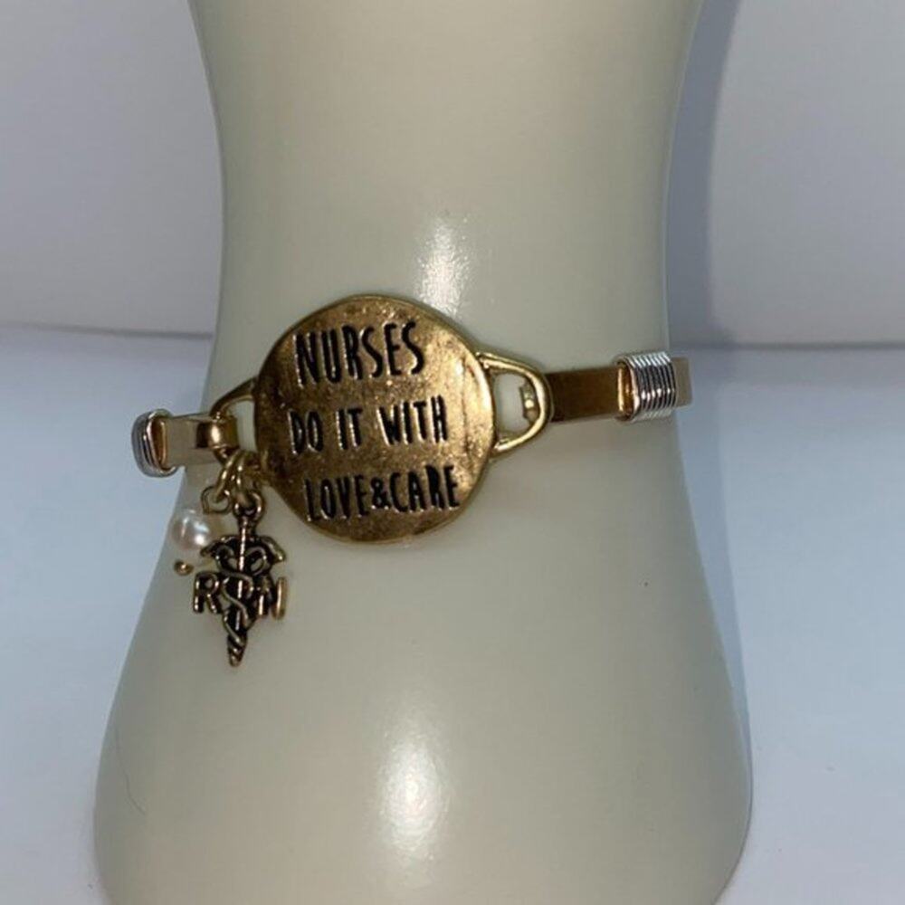 Nurses Do It With Love & Care Gold-Tone Charm Bangle Bracelet